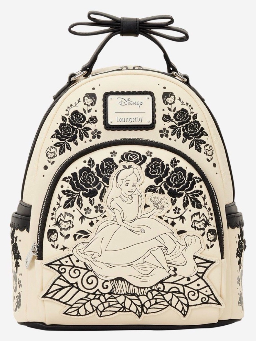New Loungefly Disney Alice in Wonderland Black & White Floral Mini Backpack